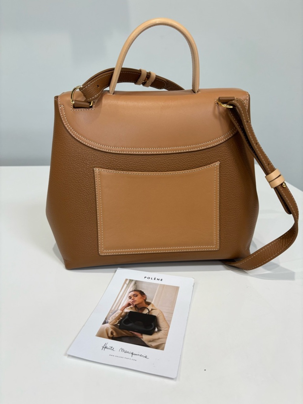 Polène Numéro Un Trio Carmel Structured Leather Bag Tan Top Handle Crossbody EUC - Picture 4 of 11